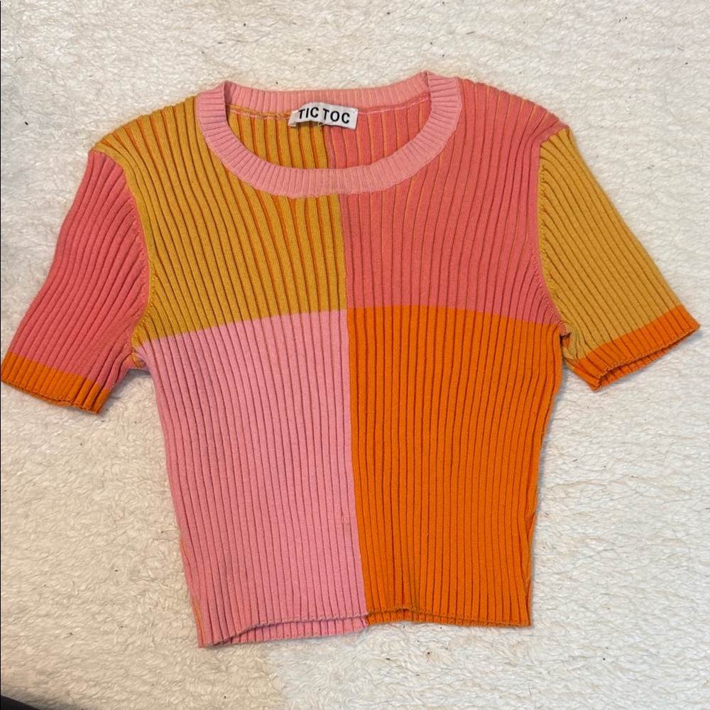 Tic Toc Women's Colorblock Ribbed Top - Pink, Orange, Yellow